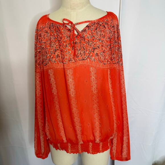 Lucky Brand Red Floral Boho Peasant Top XL Long Sleeve Tie Neck Blouse - Picture 2 of 6